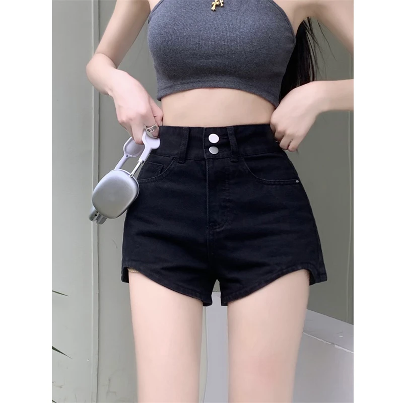 Black denim shorts female summer 2024 new outside wear high waist thin tight spicy girl a word super short hot trousers