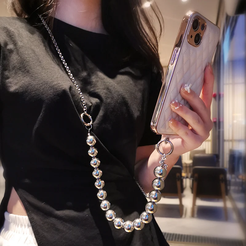 Crossbody Section Be Carried Back Metal Lanyard Electroplating Round Bead LanyardPhone Universal Clip Mobile Phone Lanyard