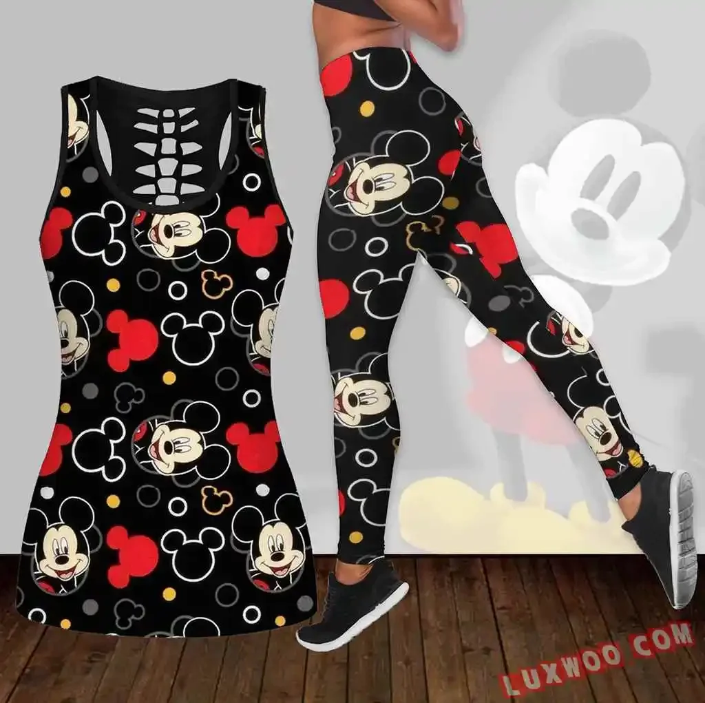 

2024 Disney Minnie Women's Hollow Vest + Women's Yoga Suit Fitness Leggings Sports Suit Disney Tank Top Legging Set Outfit