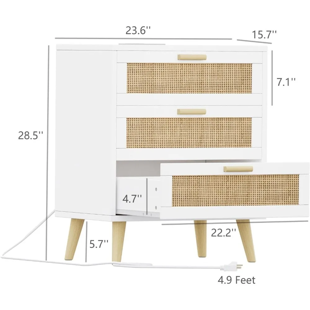 Rattan Nightstand with Charging Station, Night Stand with 3 Large Rattan Drawers, Accent End Table, Bedside Table S