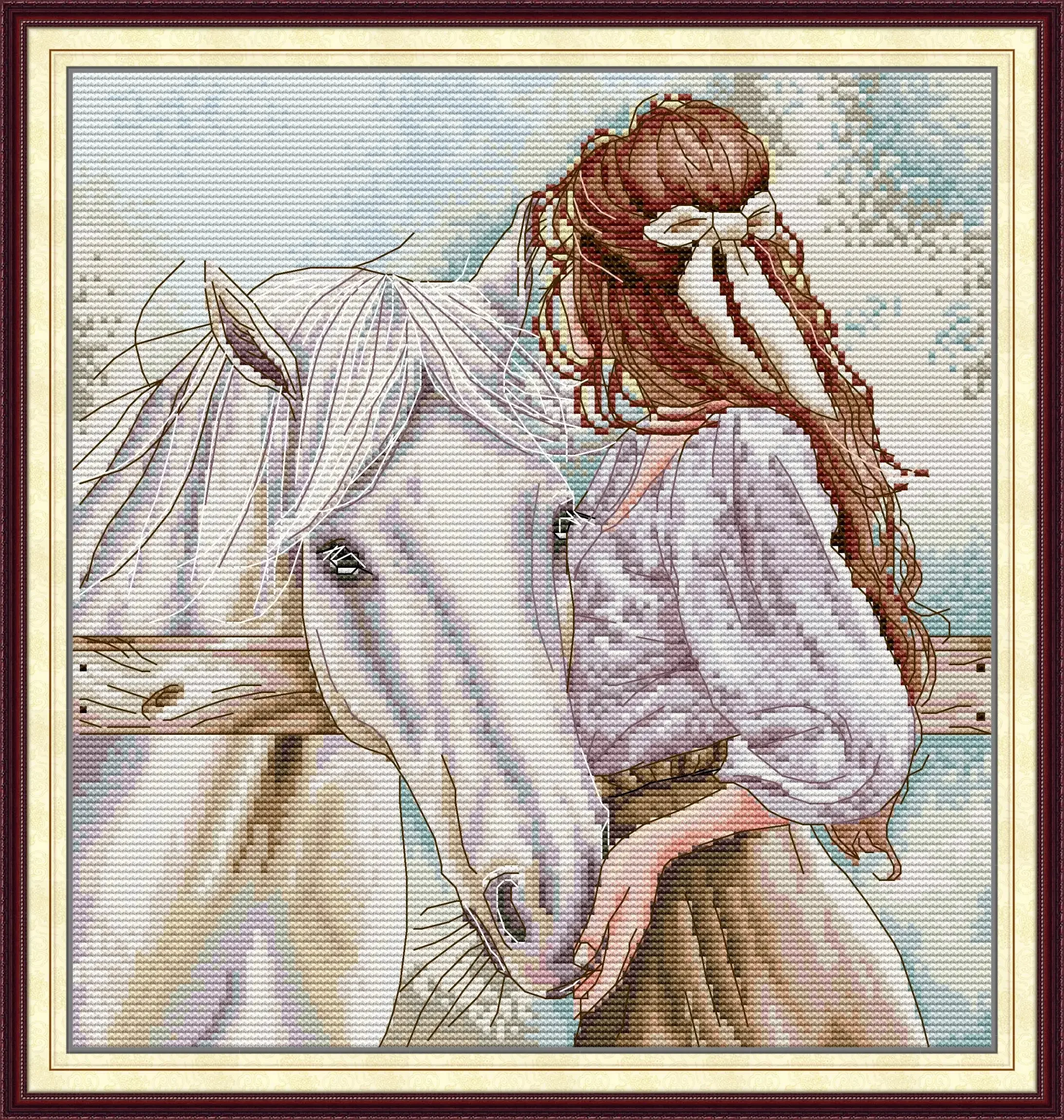 Joy Sunday News Printed Cross Stitch Kit , Easy Sewing Pattern for Beginner Stamped Fabric Embroidery Set-Girl with A Horse