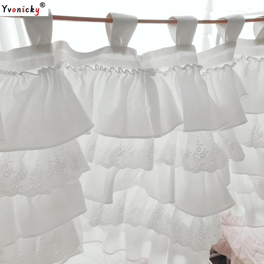 

Korean Sweet Lace Short Curtains for Kitchen Tab Top White 100% Cotton Half Curtains Multi-layers Pleats Curtains Holes Free