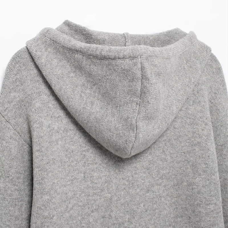 Casual Hooded Cardigans Women Gray Long Sleeve Soft Zipper Ribbed Sweater Female 2025 Spring Fashion Simple Slim-fit Top New