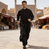 Blue Saudi Arabic Men Long Sleeve Robe Buttons Collar Jubba Thobe Islamic Clothing Ramadan Casual Prayer Abaya Maxi Dress Muslim