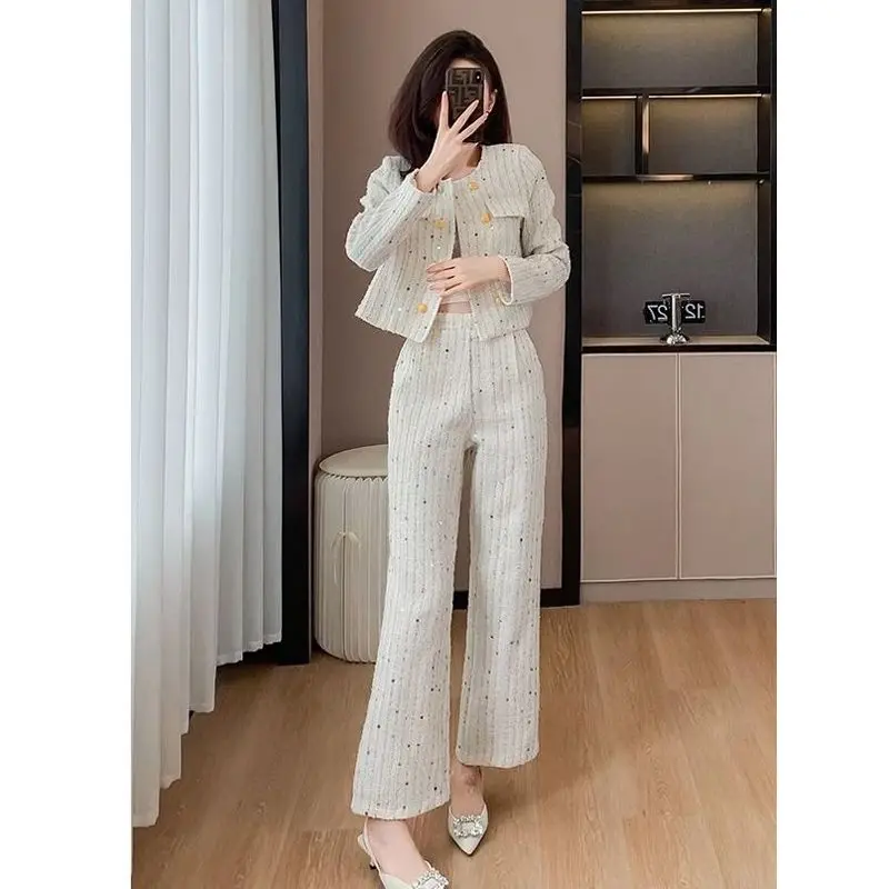 

Woman's Winter Fragrance Short Tweed Blazer Wide-leg Pant Set Retro Solid Bright Silk Striped Woolen Coat Trousers Two-piece Set