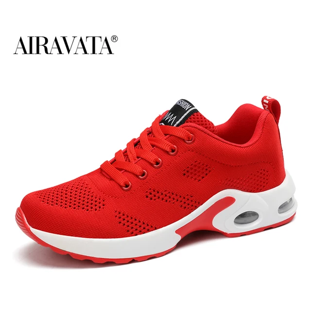 Fashion Women Lightweight Sneakers Outdoor Sports Breathable Mesh Comfort Running Shoes Air Cushion Lace Up Red