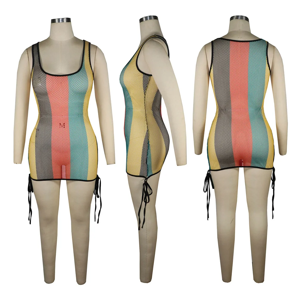 Fashion Patchwork Fishnet Mini Dresses Women Beach Cover Up Dress Sexy Hollow Out See Through Women Bandage Babydoll Nightdress
