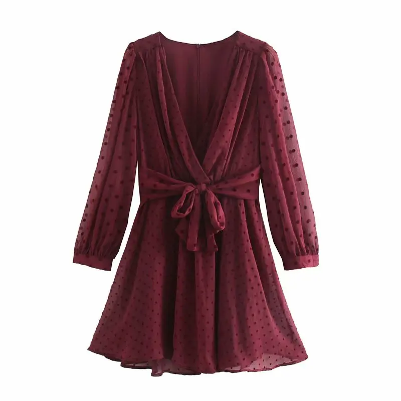 

Spring and Autumn Women's New Dresses Vintage Polka Dot Tulle Sexy V-neck Club Wear Bow Belt Mini Dress Summer Dresses for Women