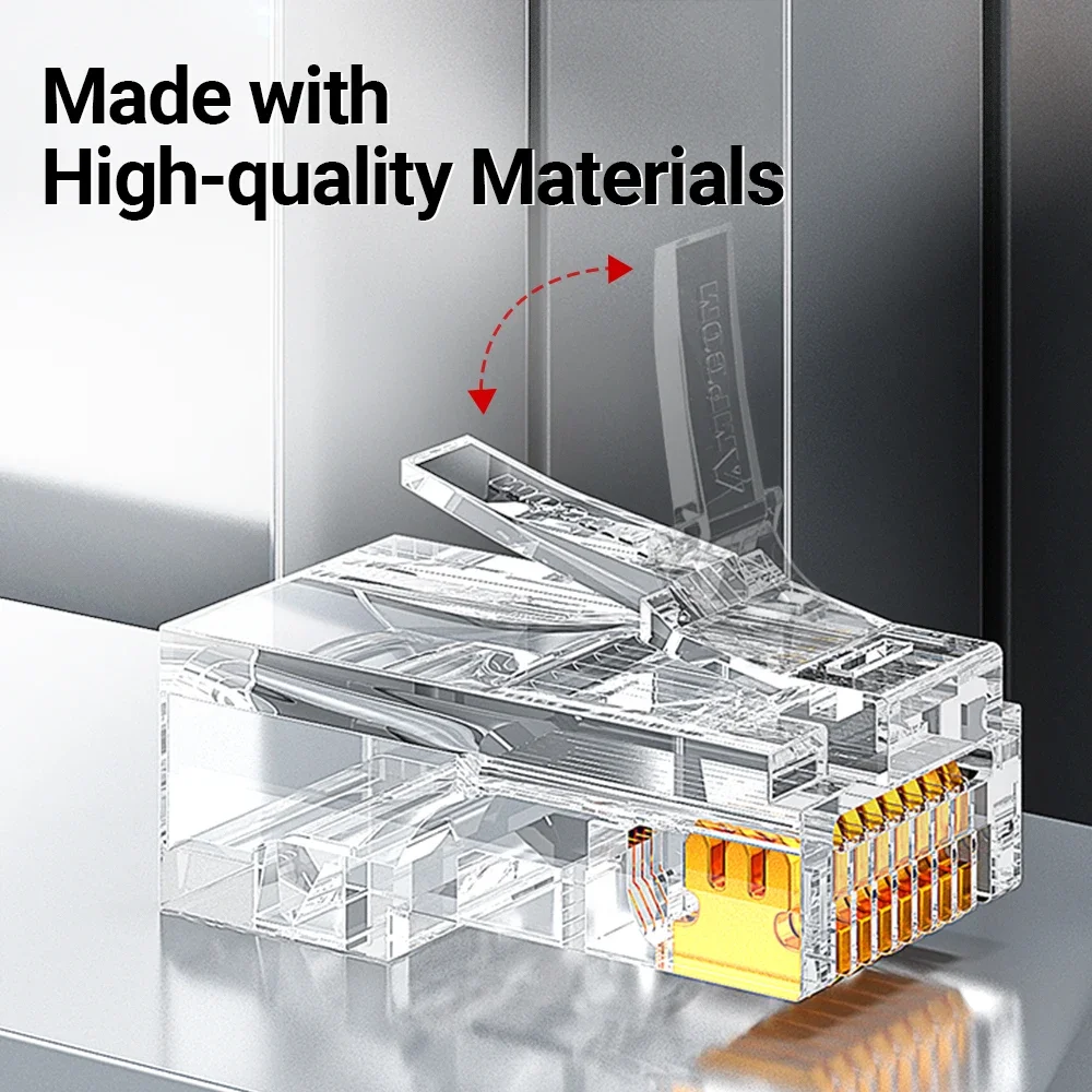 Ethernet Cable Connector AMPCOM RJ45 Modular Plug CAT5E CAT6 Pass Through Network Connectors UTP 3/50&mu; Gold-Plated 8P8C Crimp End for Ethernet Cable