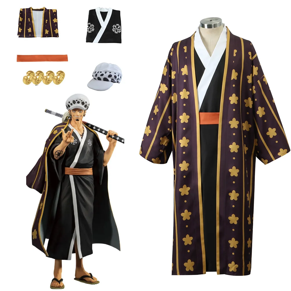 

Trafalgar Law Cosplay Customes Trafalgar D. Water Law Custome Kimono Robe Hat Earrings Halloween Party Uniform For Men