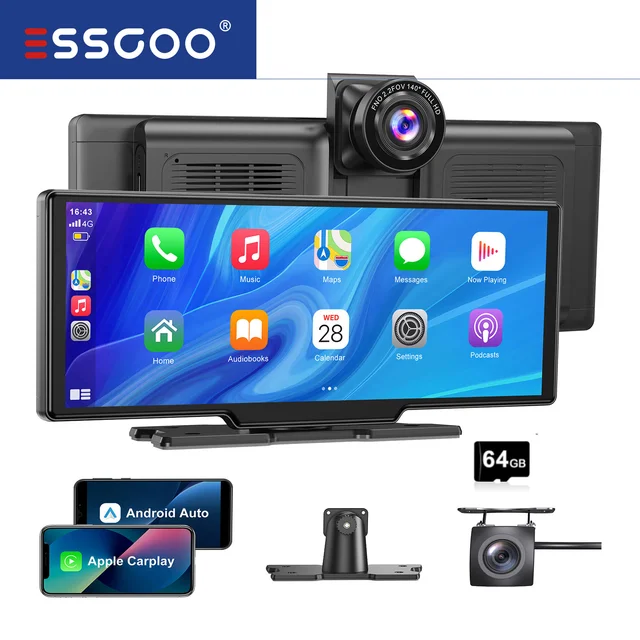 ESSGOO 10.26" 4K HD Dash Cam IPS Touchscreen Car Stereo Rearview Wireless Carplay Android Auto Dual Len Recorder W /64G TF Card