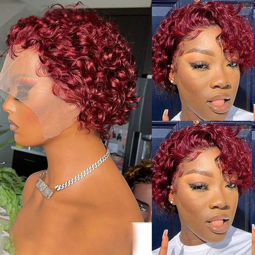 

Pixie Cut Curly Bob Wig Transparent Lace Wig 100% Human Hair Wigs Pre Plucked Bleached Knots Bling Remy 13x1 Curly Hair Wigs