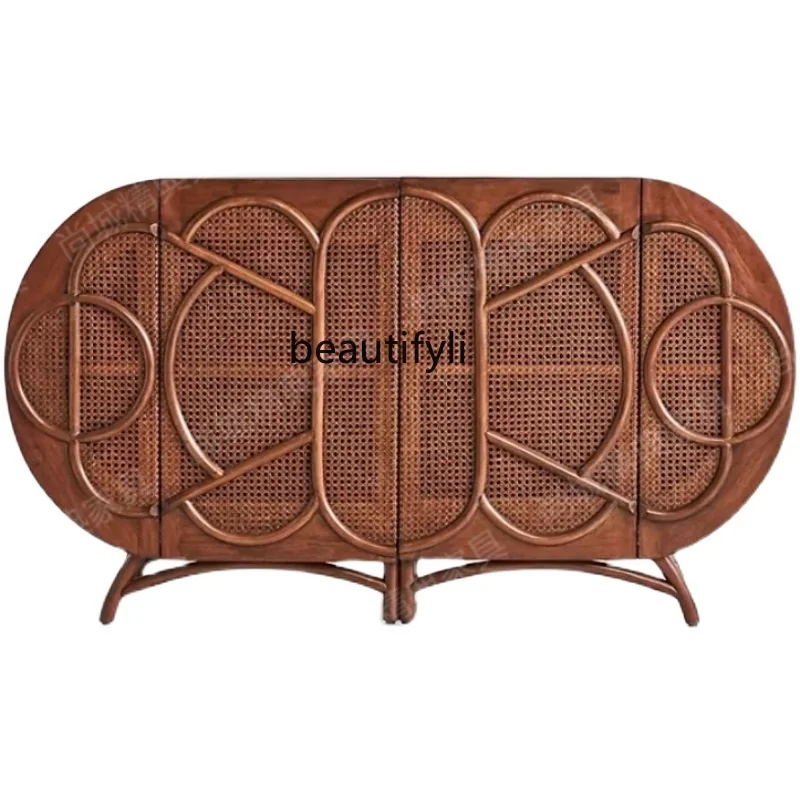 

Nordic Retro Solid Wood Sideboard French Style Vintage Shoe Cabinet European Style Simple Rattan Home Entrance Cabinet Oak