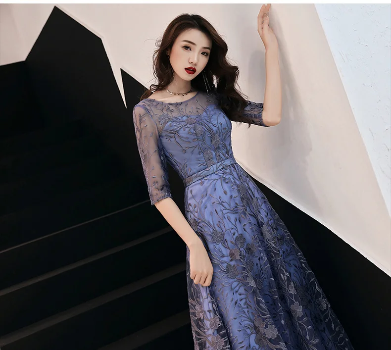 evening dresses with sleeves Lace Evening Dresses Long 2021 Elegant O-neck A-line Floor-Length Formal Evening Gown With Sleeves plus size evening dresses