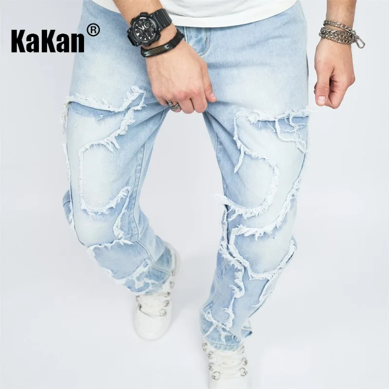 Kakan - European and American High Street New Straight Leg Jeans, Trendy Patch Fabric with Loose Edges for Men's Jeans K9-2314