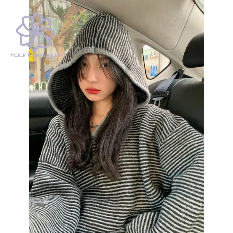 

American Vintage Hooded Pullover Women High Street Stripe Design Loose Couple Top Female Retro Long Sleeve Sweater