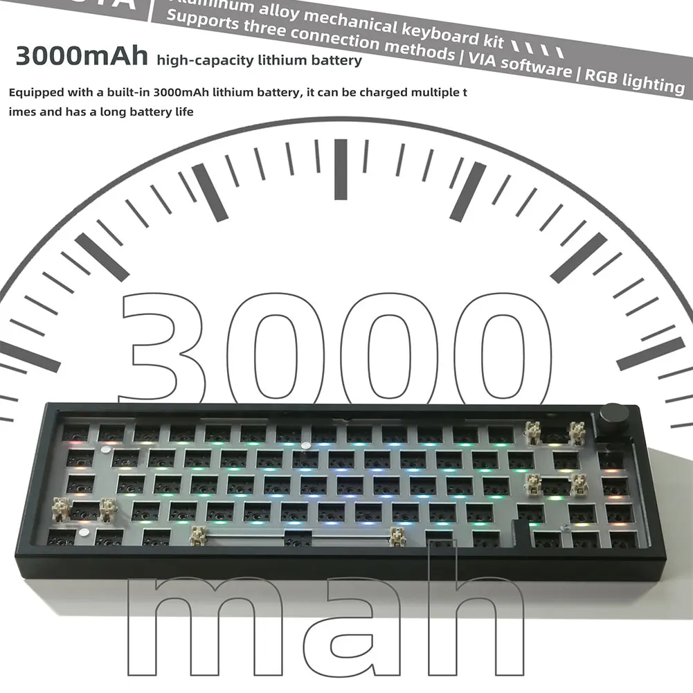 DIY 기계식 키보드 키트, 2.4Ghz, BT 5.0, USB-C, 3000mAh 배터리, 베어본 키보드 키트, 남향 RGB
