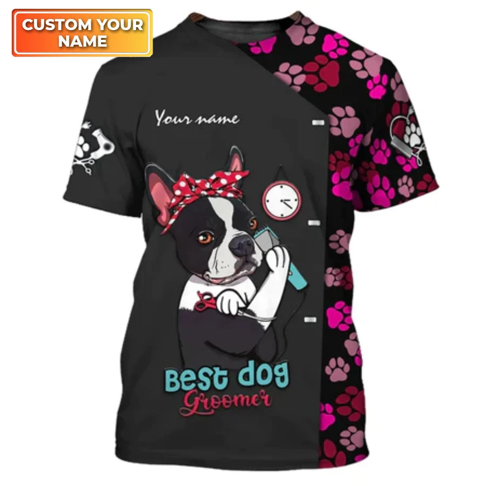 

Women's Casual Pullover Female Pet Groomer Personalized Name Workwear T Shirts Dog Grooming Graphic Printed Short Sleeve Tops