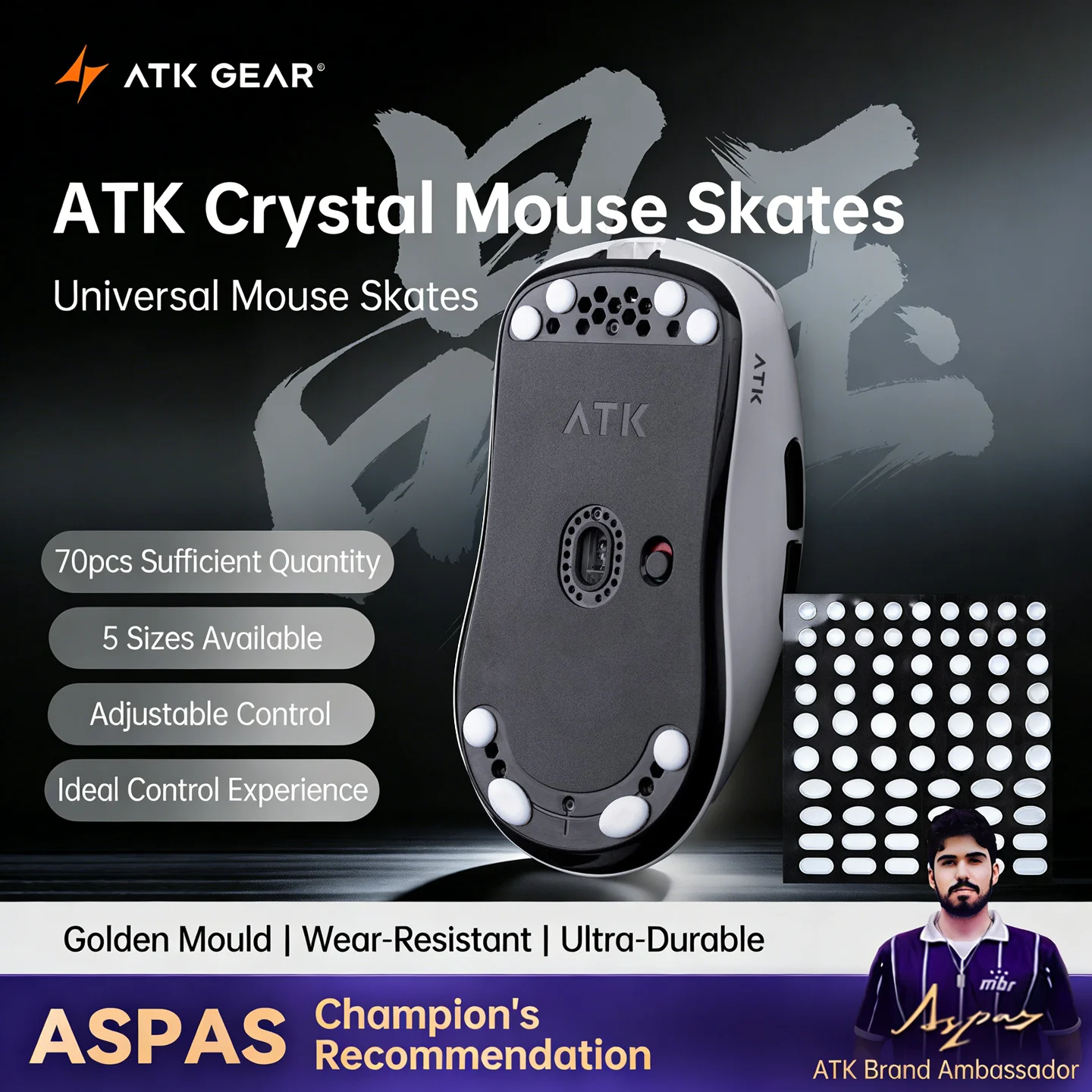 ATK 크리스탈 제이드 테플론 마우스 스케이트 70Pcs 5 사이즈 유니버설 PTFE 피트 패드 e스포츠 게임용 마우스용 속도 내마모성