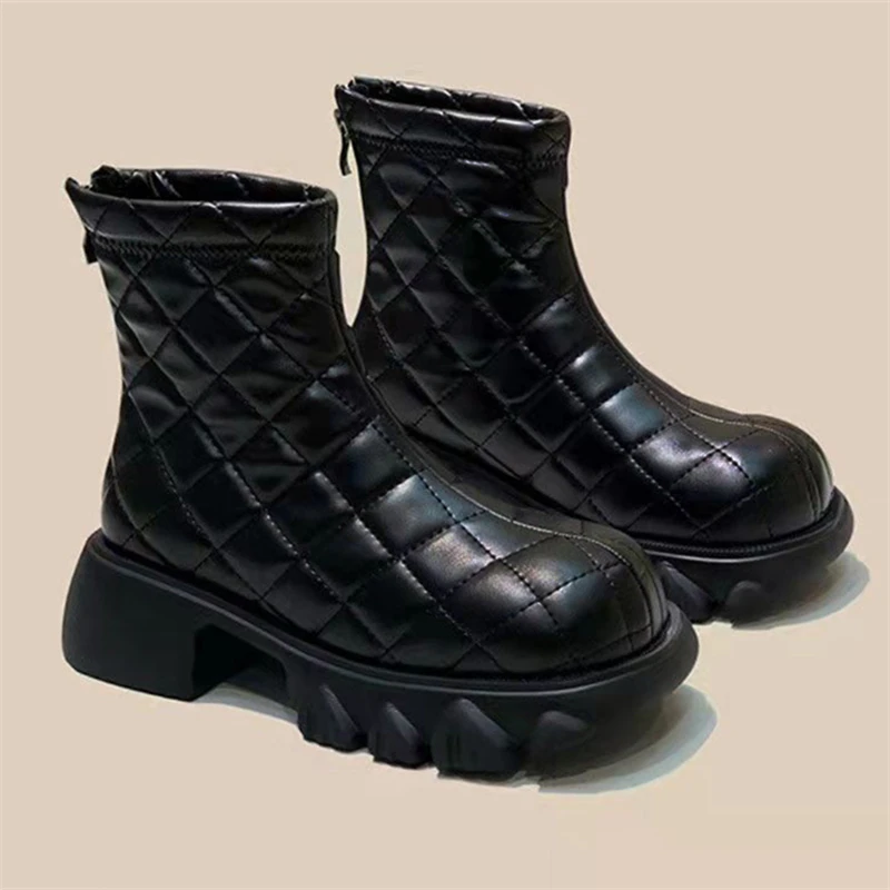 

2023 New Black Women Plaid Ankle Boots Thick Sole Platform Short Booties Ladies Autumn Chelsea Boot Back Zipper Botas Mujer