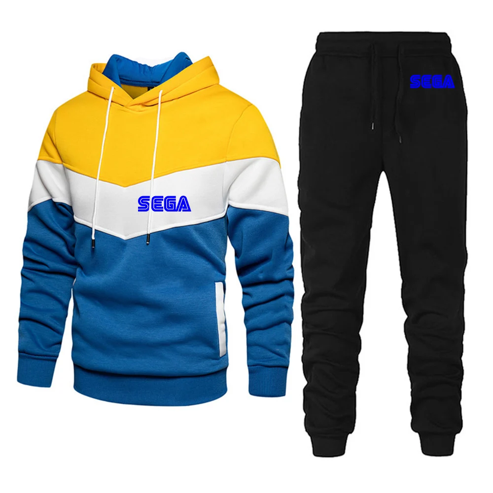 2023 Sega Spring and Autumn New Model Print Men Casual Three Color Stitching Patchwork Hoodies+ Trousers Set