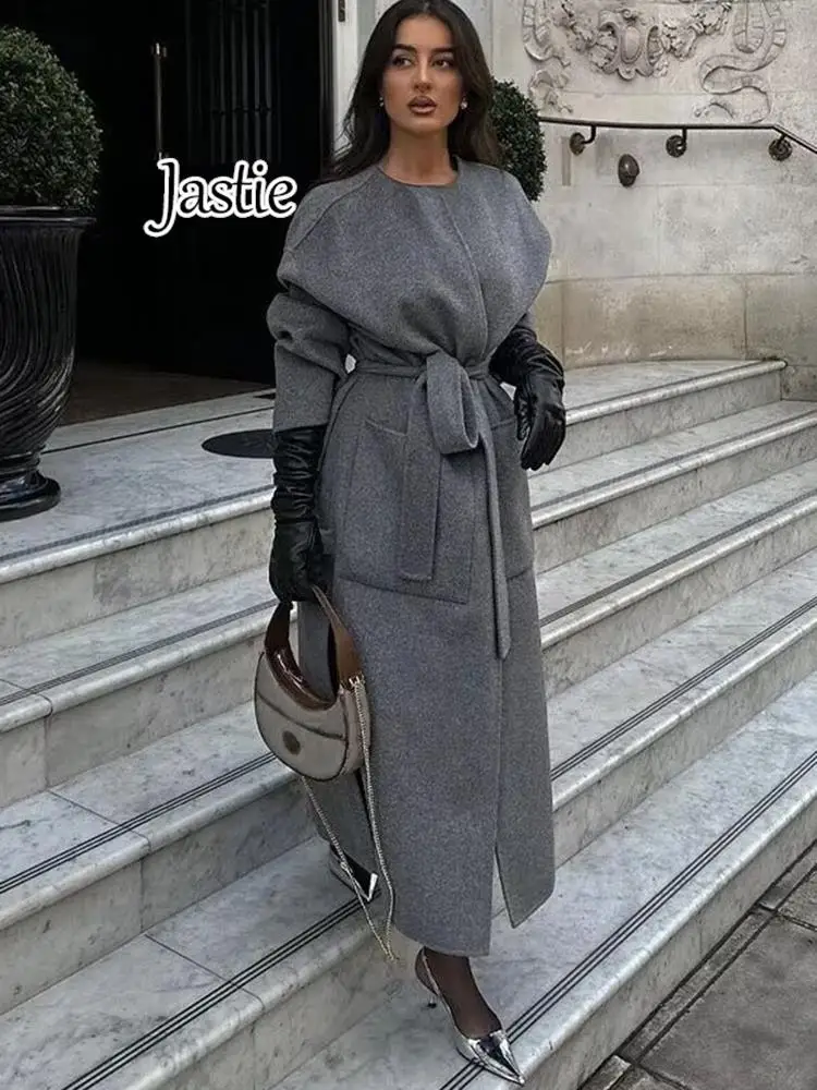 

Jastie 2023 зимняя новая женская куртка с длинным рукавом и круглым вырезом, с карманами, Шерстяная Смесь, Двустороннее пальто, куртка, модная верхняя одежда, топы
