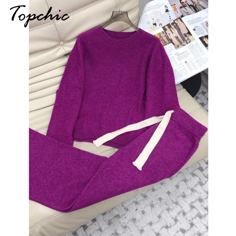 

2023 Autumn Knit Two Piece Set Women Loose Casual O-neck Wool Sweater+long Pant Sets Conjuntos De Pantalones New in Knitwears