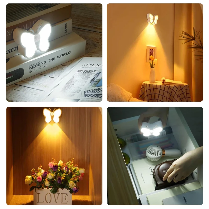 Butterfly Motion Sensor Night Light LED Under Cabinet Lights Rechargeable Lamp for Closet Wardrobe Stair Bedroom Kitchen Decor