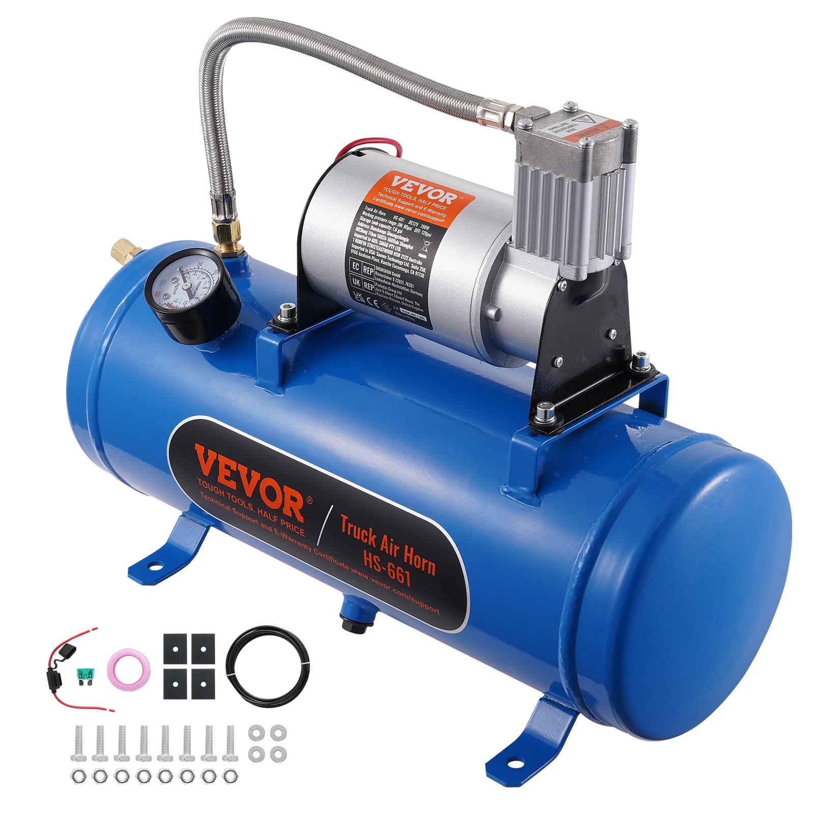 Vevor Kit Compressore D'Aria 12V Serbatoio Da 6 Litri, Kit Compressore D'Aria Per Clacson Tromba, Pressione Di Esercizio 90-120 Psi, Sistema Di Compre