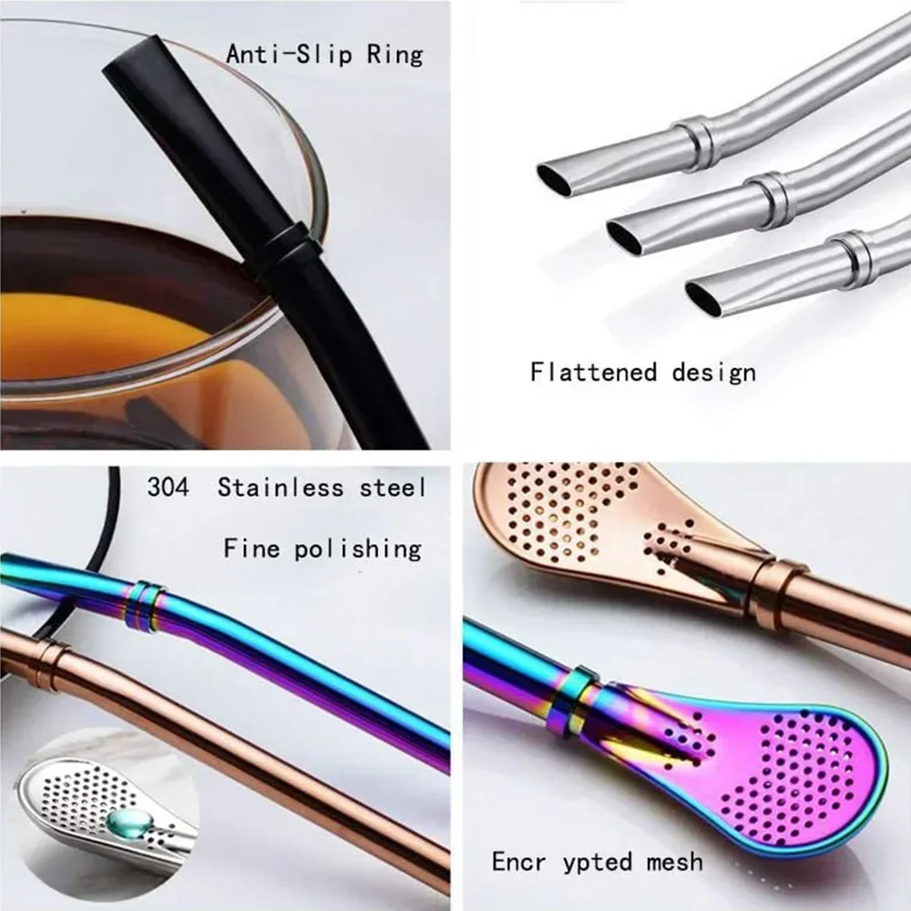 Reusable 304 Stainless Steel Drinking Straws Washable Yerba Mate Spoon Filter