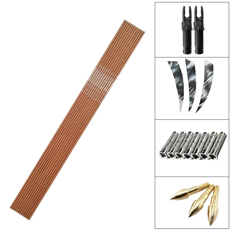 

Wooden Pure Carbon Arrows Shafts Spine 400-600 ID6.2mm 4 Inch Turkey Feathers Vanes Nock Compound Recurve Bow Hunting 12sets