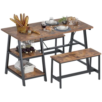 3 Pieces Dining Table Set for 4 People Dining Room set with 2 Benches Wine Shelf & Glass Holder Kitchen Home Furniture