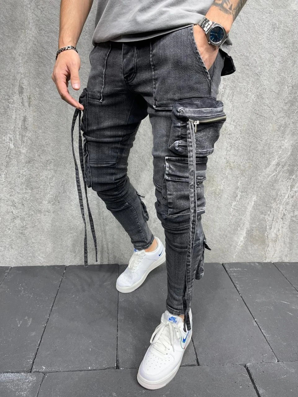 vaqueros bordados de bolsillo para hombre, trabajo duro, negro|Pantalones vaqueros| -