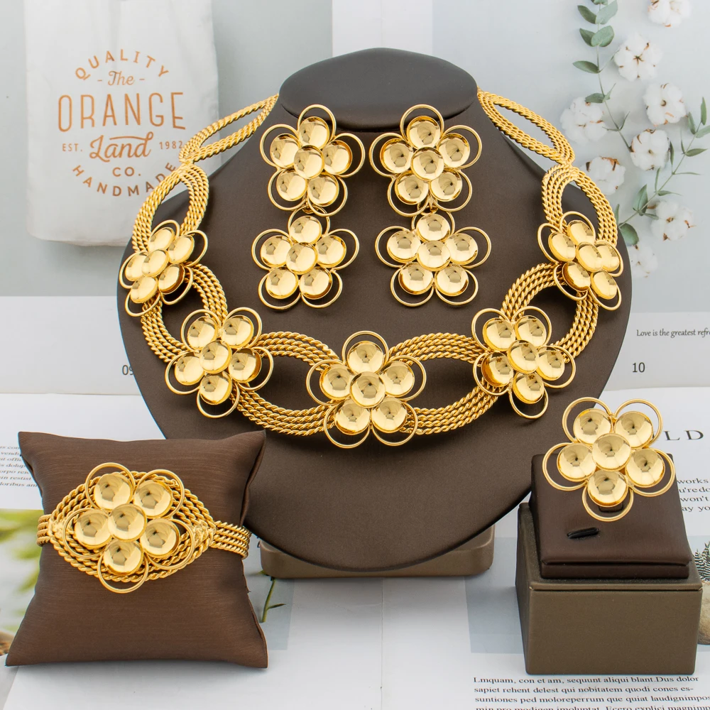 

Gold Color Necklace for Women Dubai Flower Design Jewelry Set Drop Earrings Bracelet Ring Luxury Jewelry Girlfriend Wife Gift