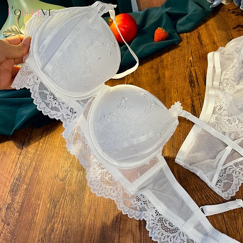 Logire Stickerei Sexy Unterwäsche Set Spitze Büstenhalter Tiefem V Dicke Baumwolle Frauen Push-Up Bh und Höschen Set Marke dessous_voghion.com