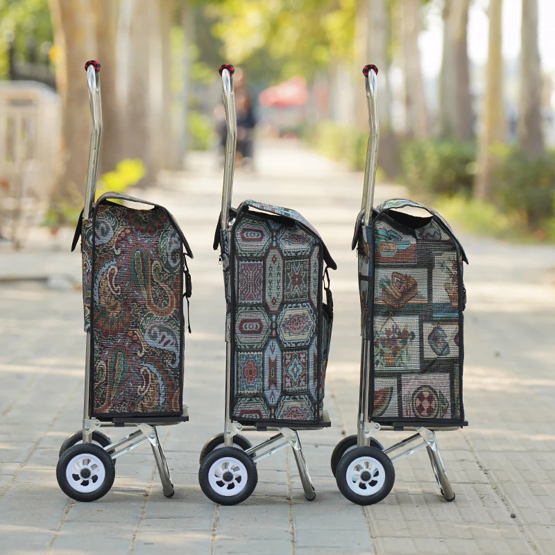 Shopping cart folding supermarket vegetable market shopping cart Oxford stainless steel frame pull rod truck