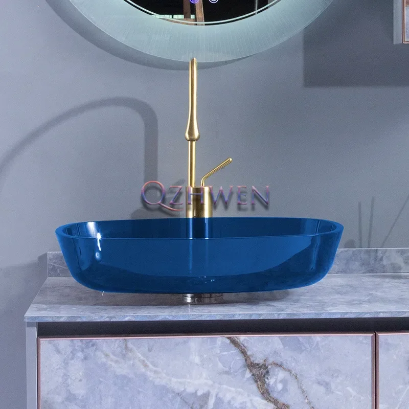 Transparent Blue Bathroom Sink Rectangular Glass Washbasin Simple Cabinet Vessel Countertop Basin with Faucet Set 540*410*110MM