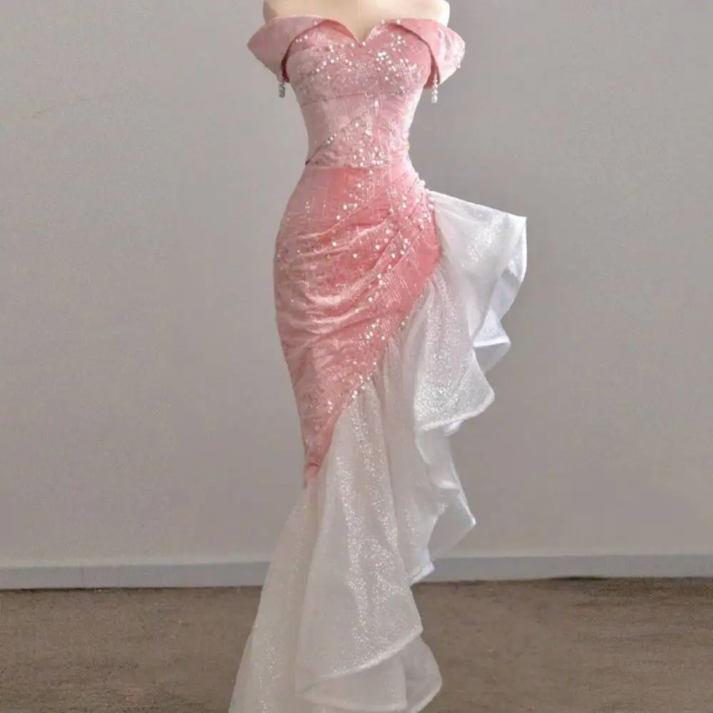 

18016#Pink Sequin Irregular Mermaid Evening Dress For Women 2023 Tight Fitting Pearl Tassel Dresses With Sparkling Lace Tail