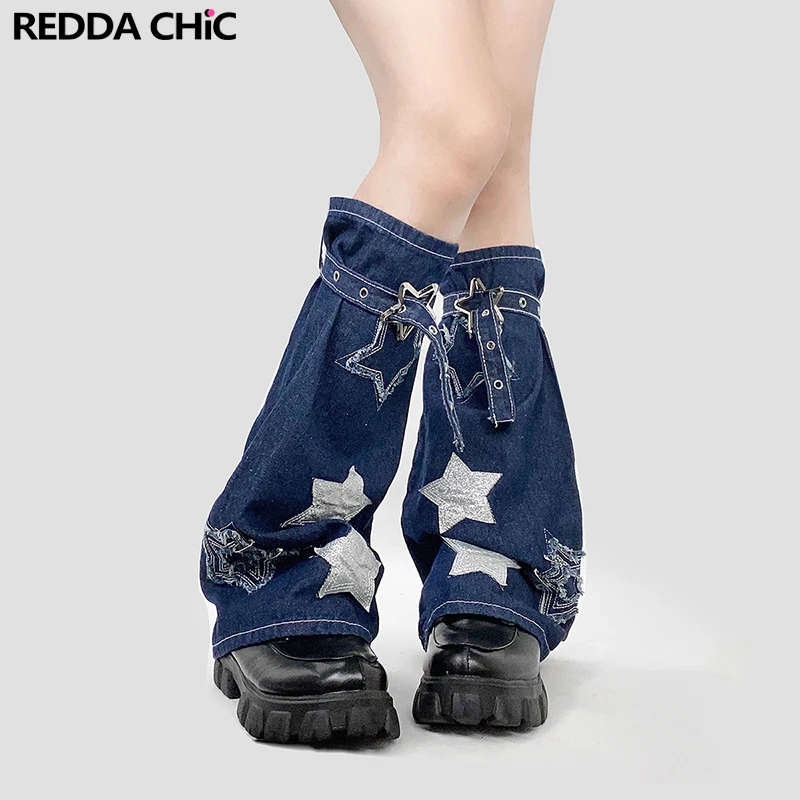 REDDACHiC Vintage Blue Glitter Star Women's Gaiter Denim Leg Warmers Bandage Belt Knee-long Boots Cover Grunge Y2k Streetwear