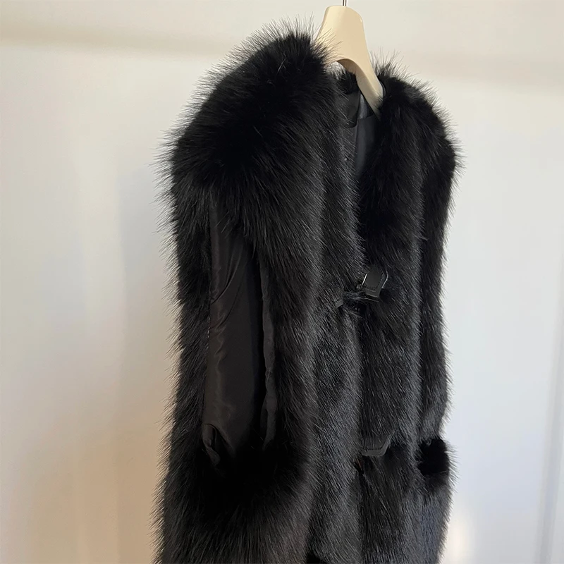 Brand Horn Buttons Long Faux Mink Fur Vest Tops Women Winter Sleeveless Overcoats Luxury Ladies Shaggy Waistcoat Gilets Casaco