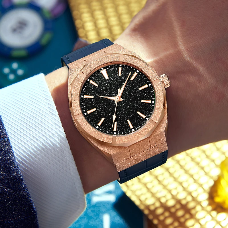 PINTIME Brand Matte Style Men Quartz Watch Star Dust Dial Bling Leather Strap Waterproof High Quality Frosted Watch For Men