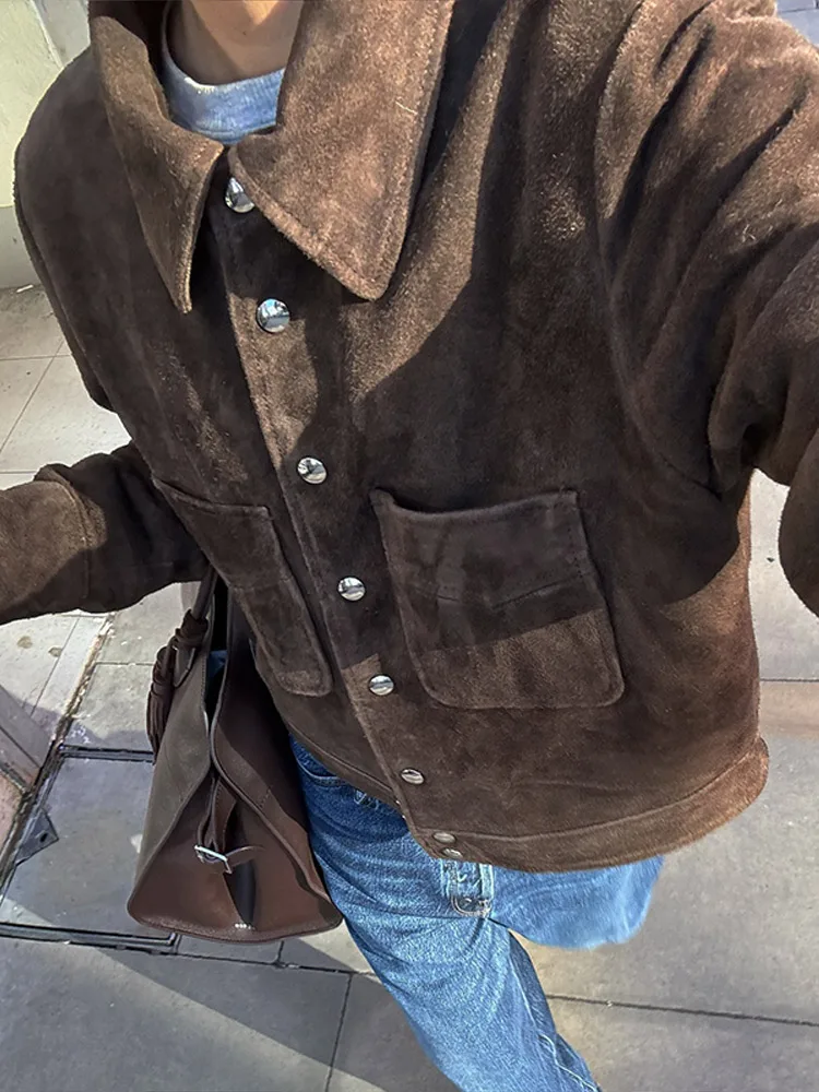 Suede Vintage Short Jacket Women Single Breasted Long Sleeve Lapel