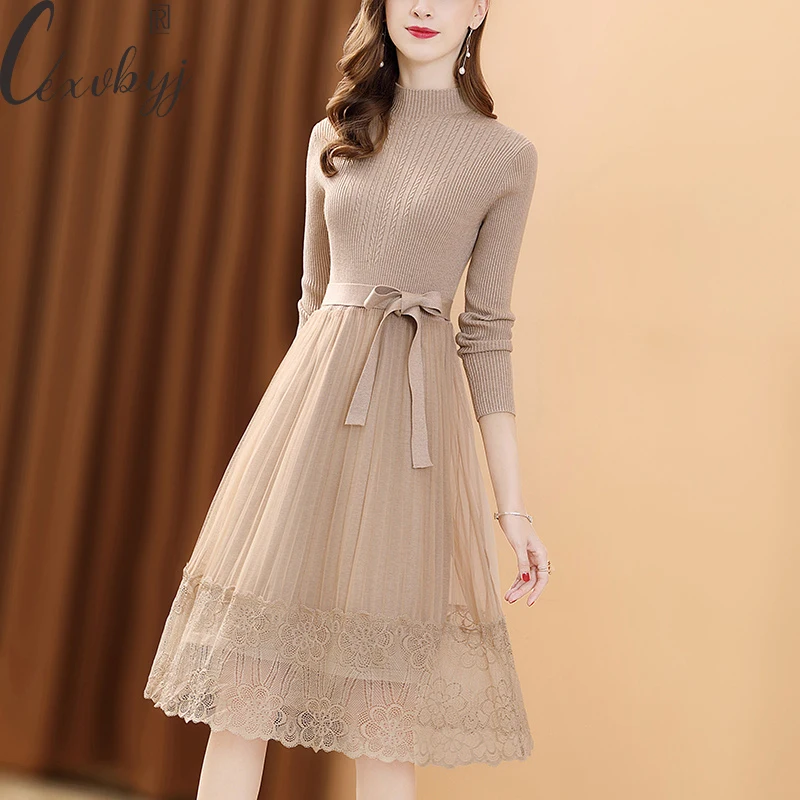 

Mesh Patchwork Lace Knitted Dress For Women Autumn Lace Up Waist Bodycon Dress Korean Half High Collar Bottoming Midi Vestidos