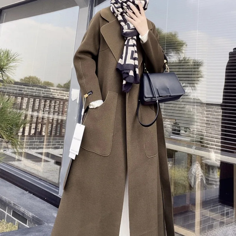2023 Autumn Winter New Women Reversible Cashmere Coat Female Long Below The Knee Temperament Casual Slim Fit Woolen Outwear