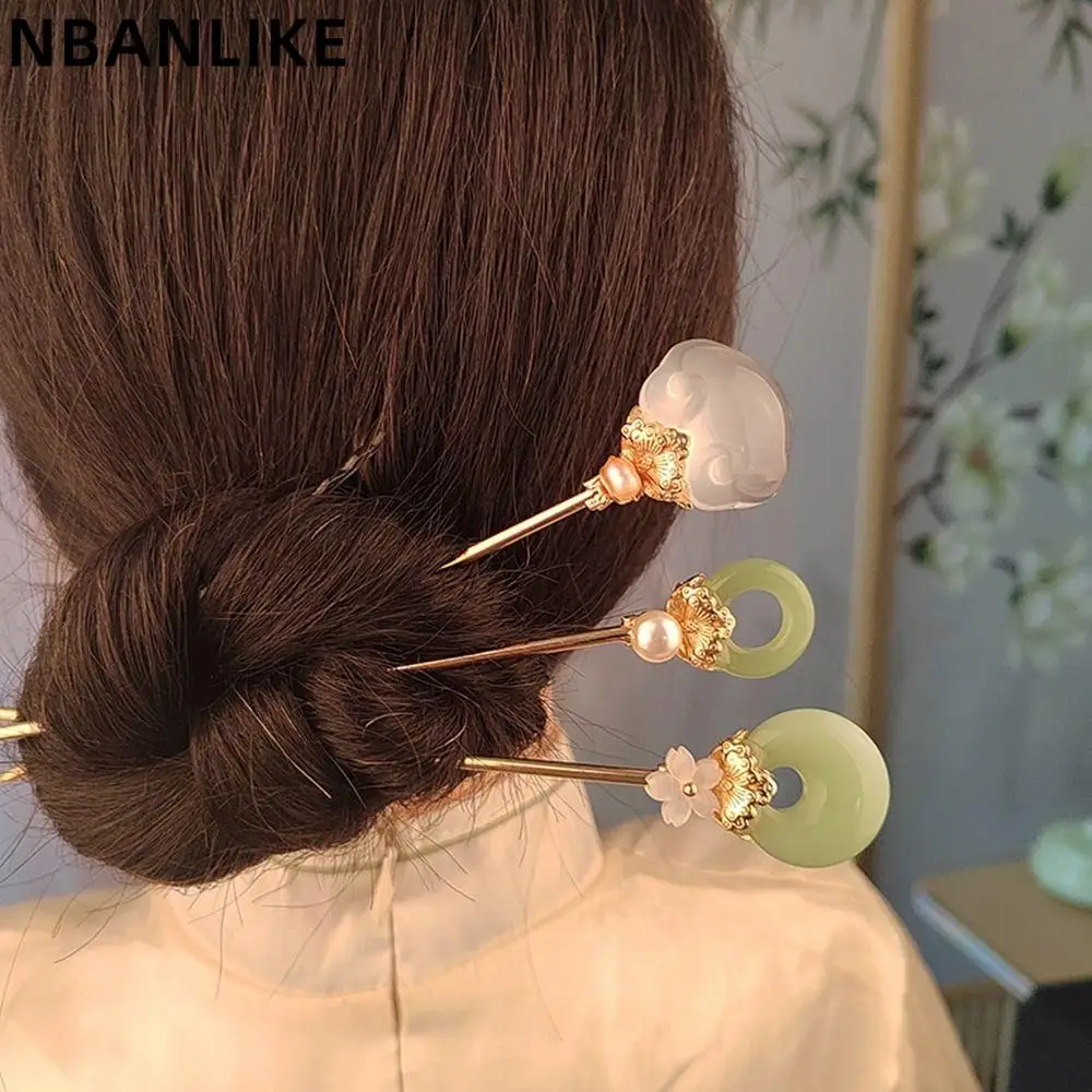 Chinese Style Exquisite Geometric Hair Stick Pearl Flower Jade Hairpin Hanfu Hair Sticks Headdress