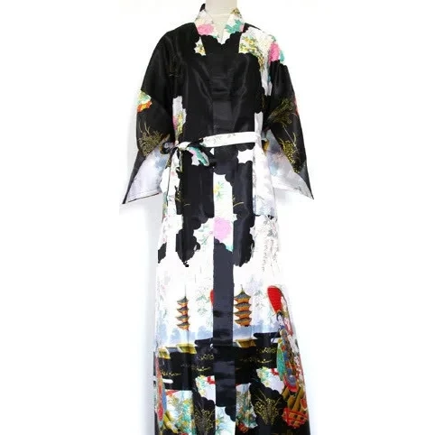Black Chinese Women's Silk Rayon Robe Kimono Bath Gown Spring Mujer Pijama Nightgown Size S M L XL XXL XXXL Zhs02E