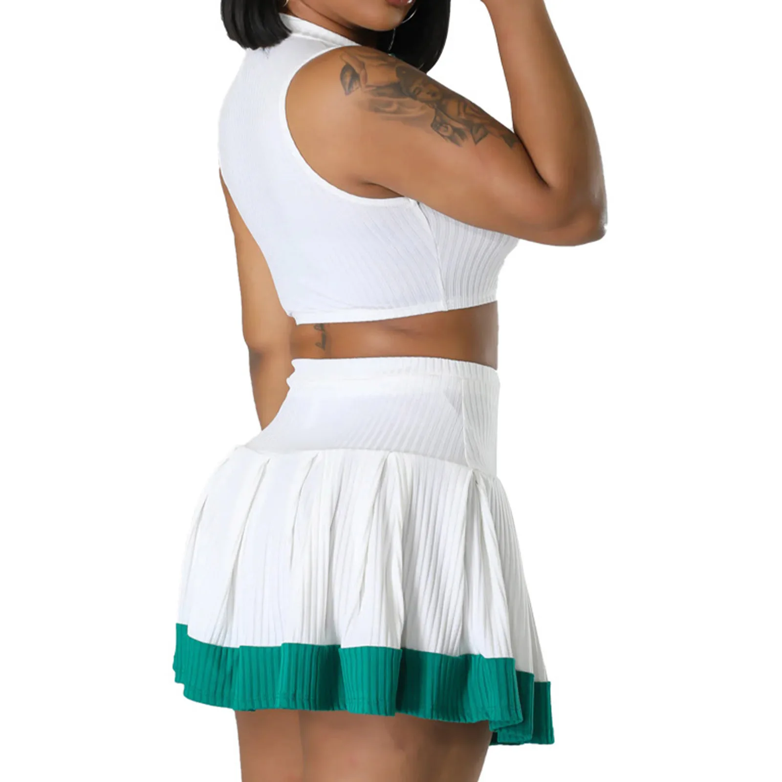 Womens Yoga Skirt Set Casual Ribbed Outfit Sleeveless Crop Top High Waist Contrast Color Ruffled Skirt for Golf Tennis Badminton