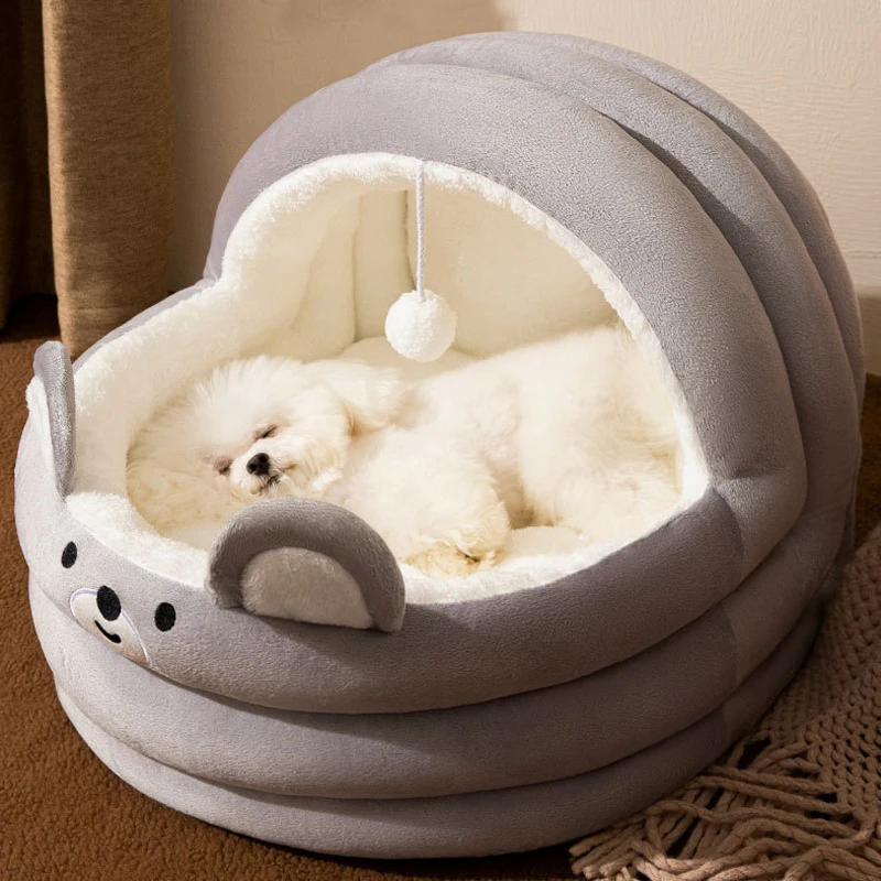 Cat Litter Bed Soft and Cozy with Plush Ball Semi-Closed Puppy Kitten Cave Bed Removable Cute Cartoon Pet Litter