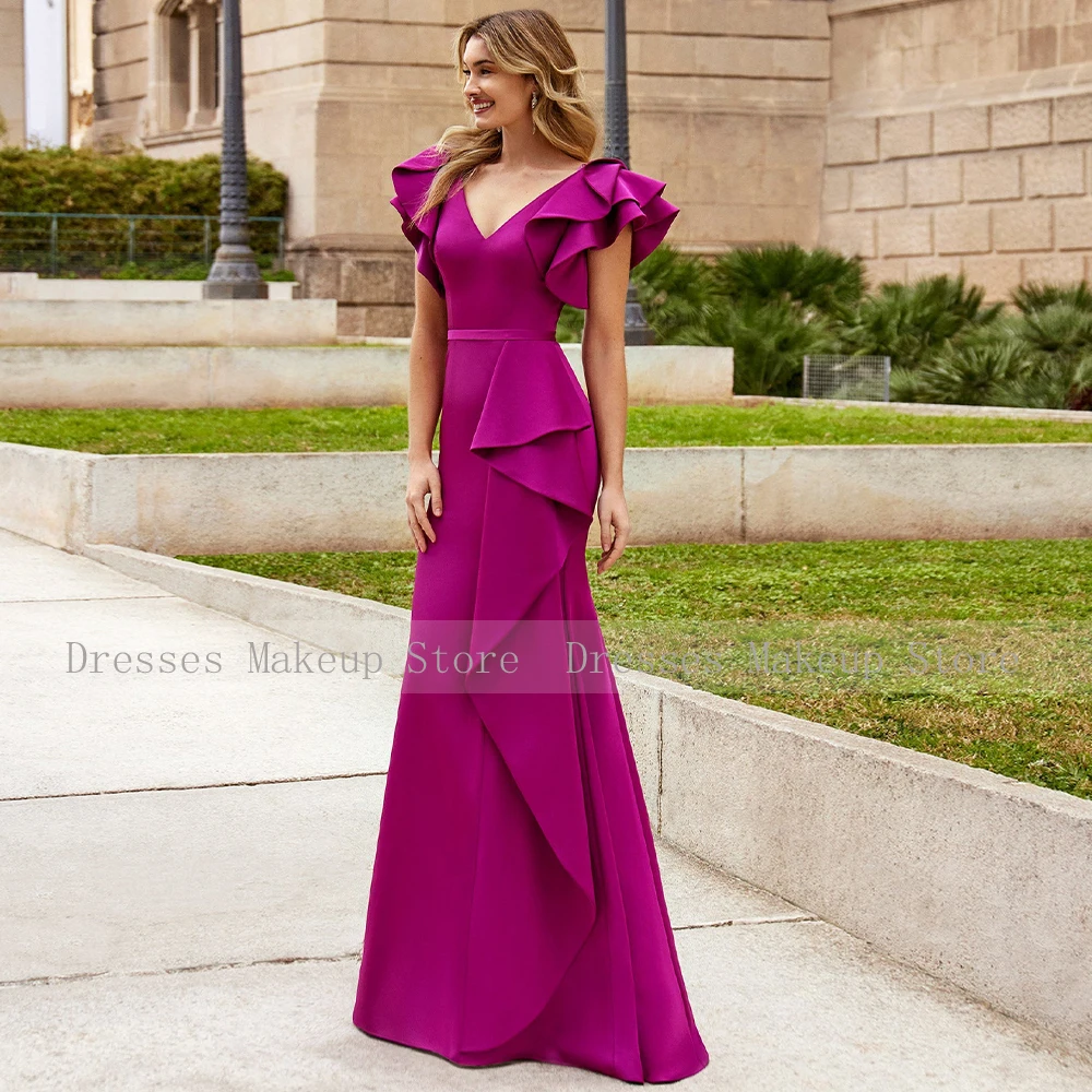 Mother bride dresses Elegant Mother of the Bride Dresses Mermaid Ruffle V Neck Wedding Guest Gown for Women Trumpet Formal Evening Dress Fuchsia