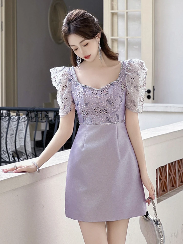 Elegant Luxury Purple Glitter Birthday Dress Women Sweet Retro